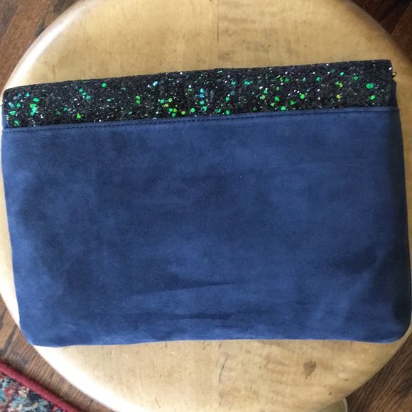 💝NWT Ann Taylor Blue Suede Green Sparkle Clutch - Picture 5 of 9